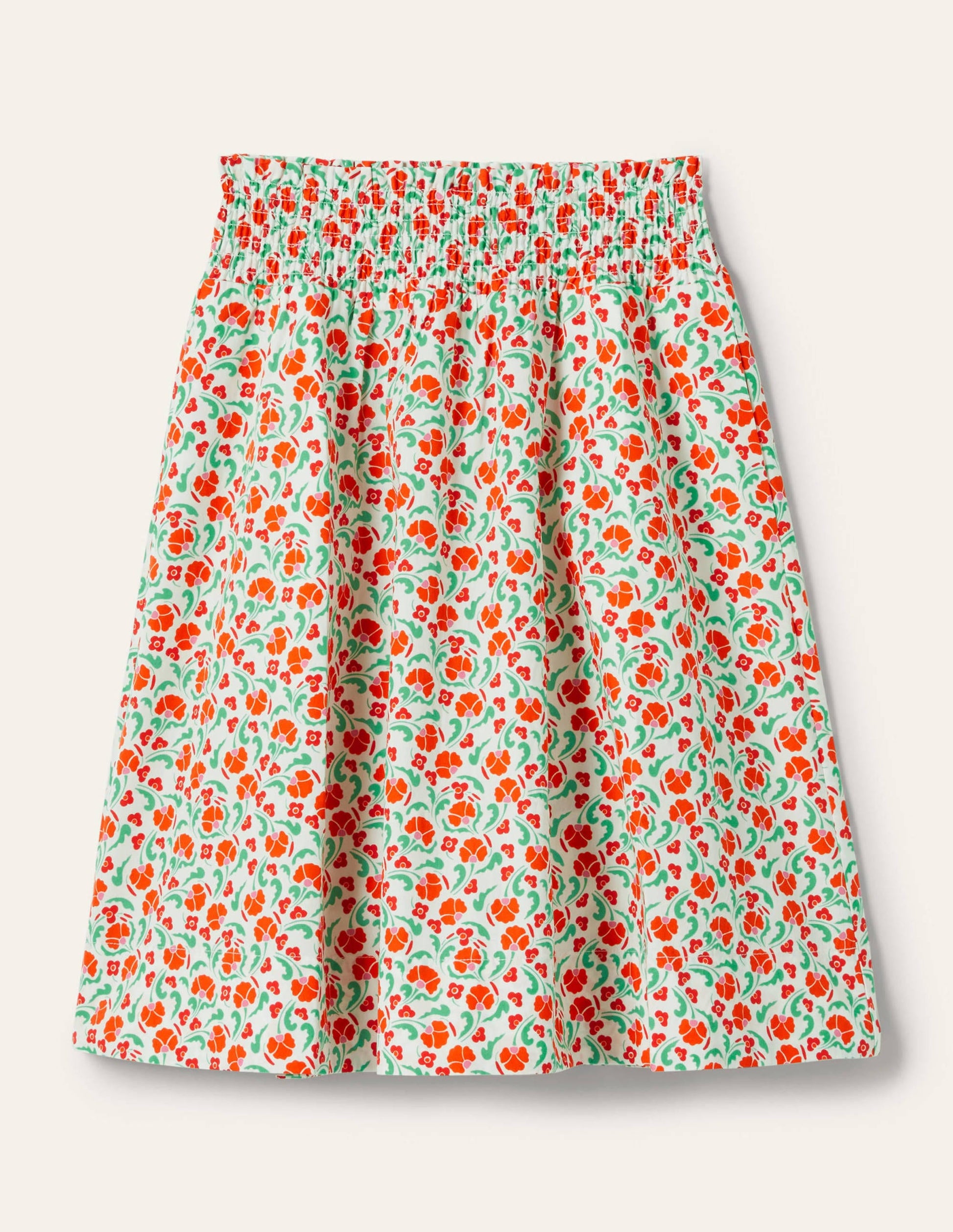 Shirred Waist Cotton Skirt-Bright Papaya, Delicate Bud-6