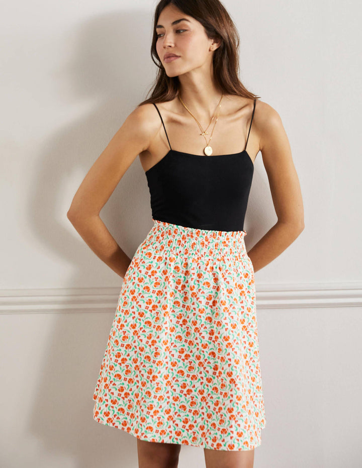 Shirred Waist Cotton Skirt-Bright Papaya, Delicate Bud