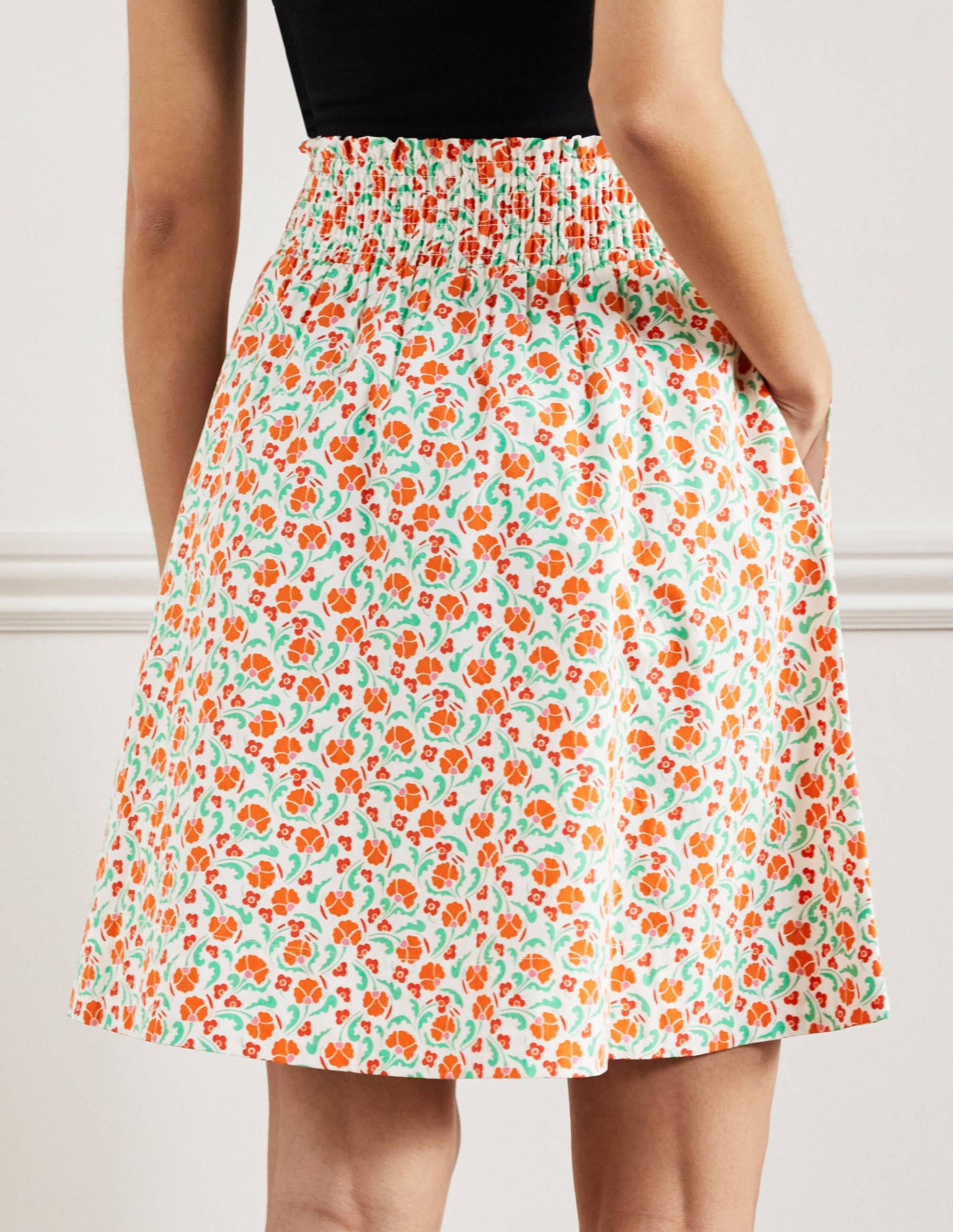 Shirred Waist Cotton Skirt-Bright Papaya, Delicate Bud-3