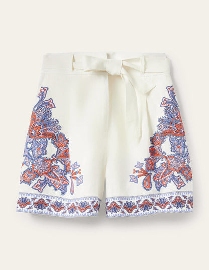 Short à taille froncée en lin-Ivoire, motif Paisley Bud