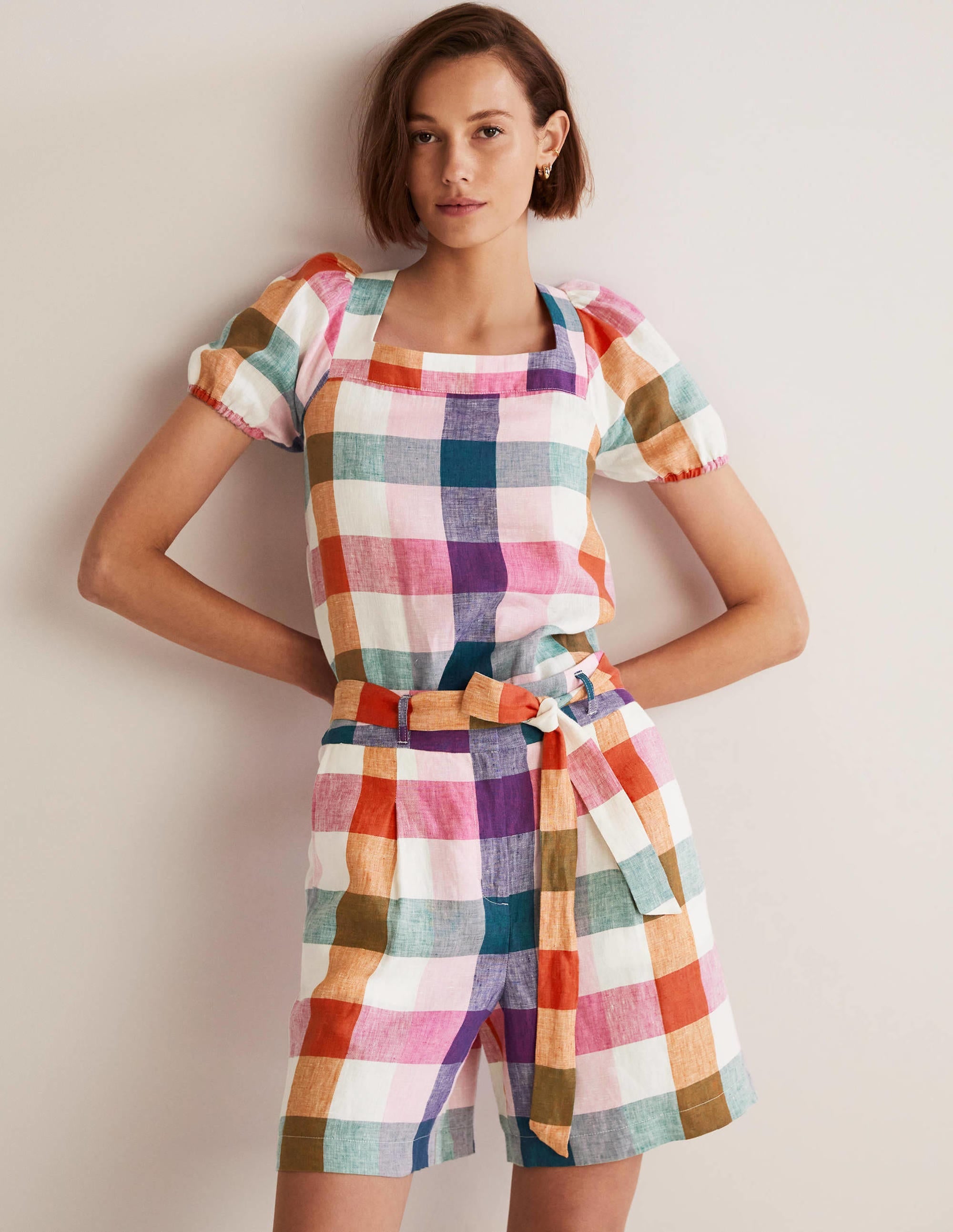 Alma Tie Waist Linen Shorts-Bonbon Pink, Flambe Check - Image 1