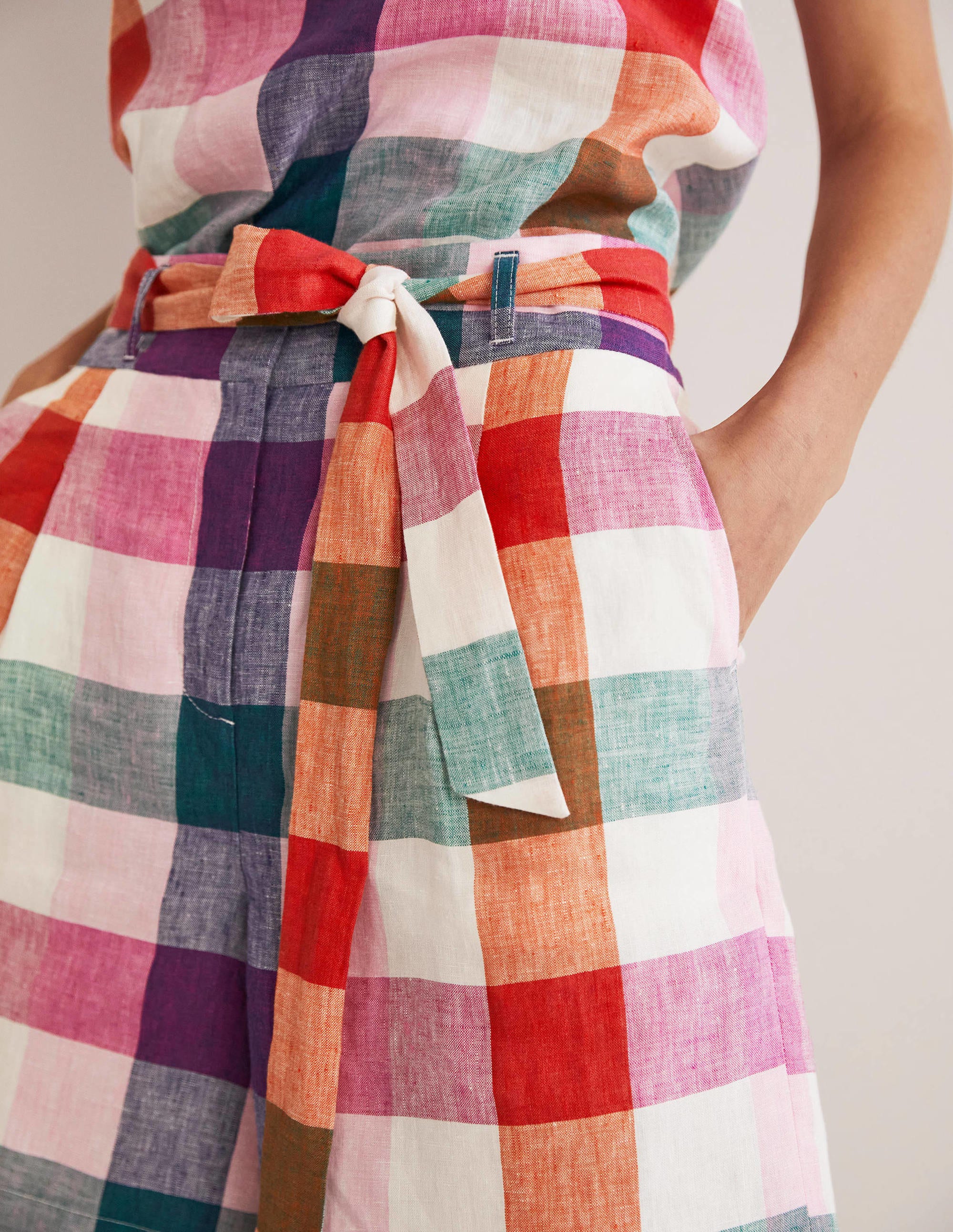 Alma Tie Waist Linen Shorts-Bonbon Pink, Flambe Check - Image 2