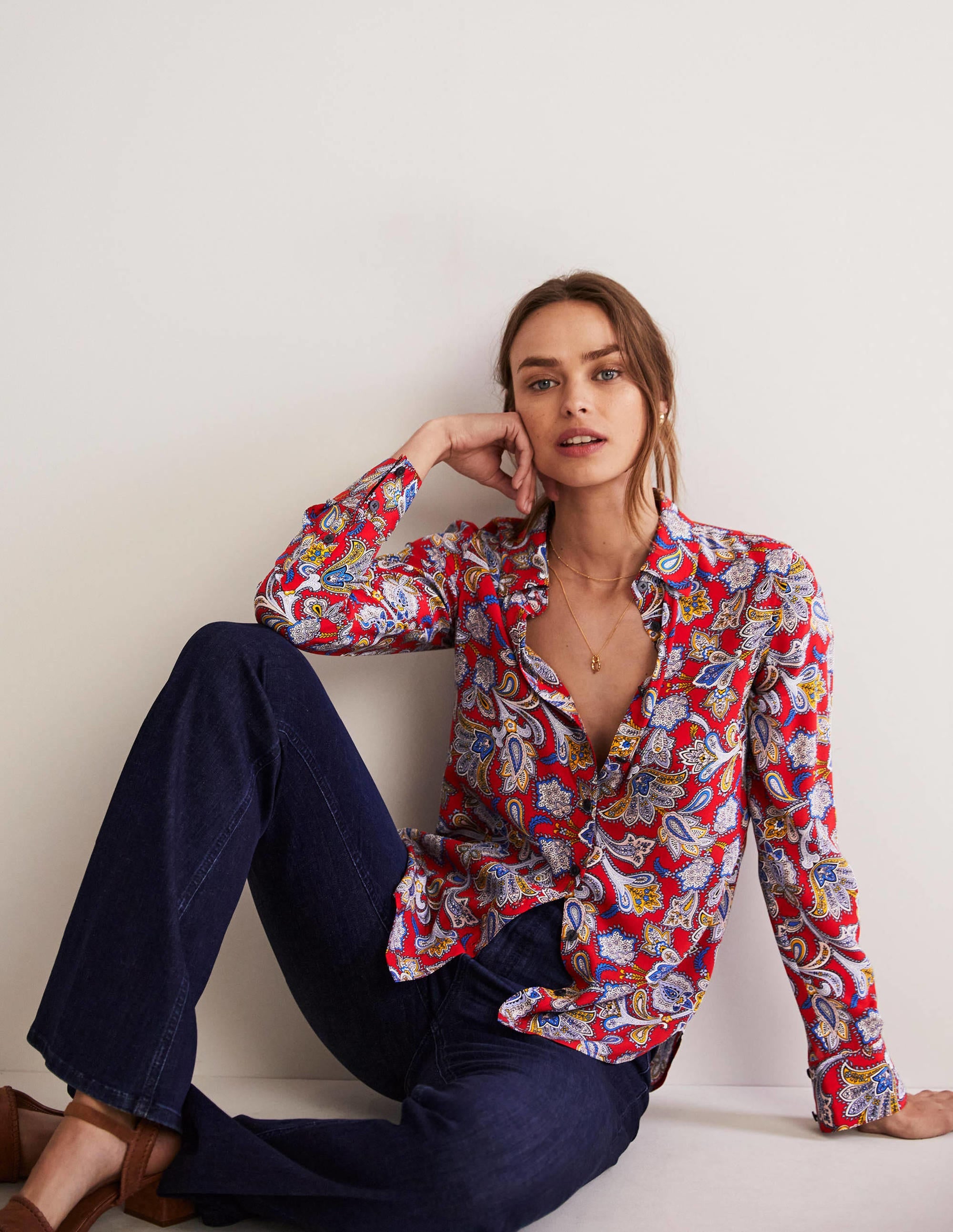 Chemise en soie-Rouge aurore, motif Paisley Bud - Image 3