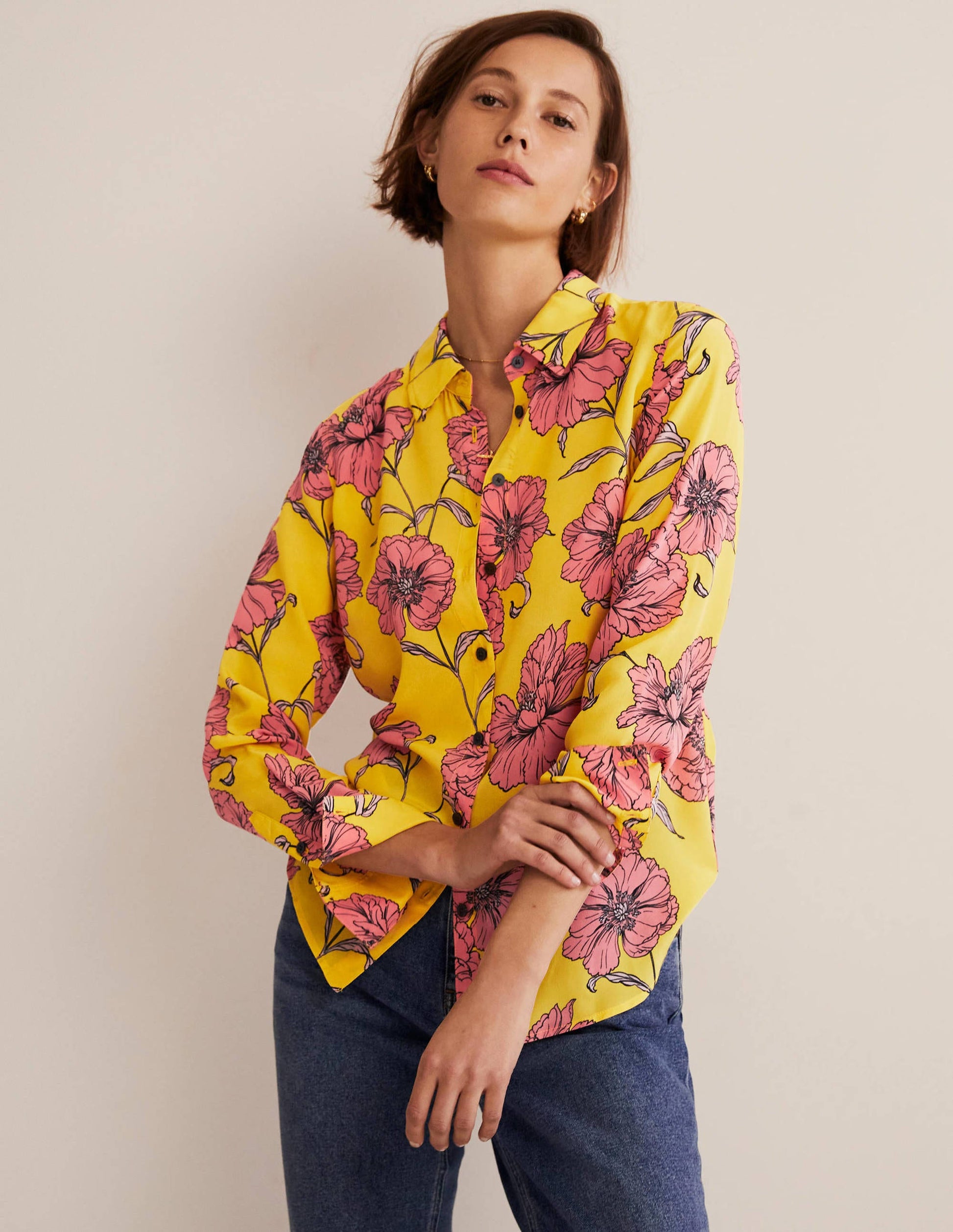 Chemise en soie-Citron pétillant, motif Peony Bloom-1