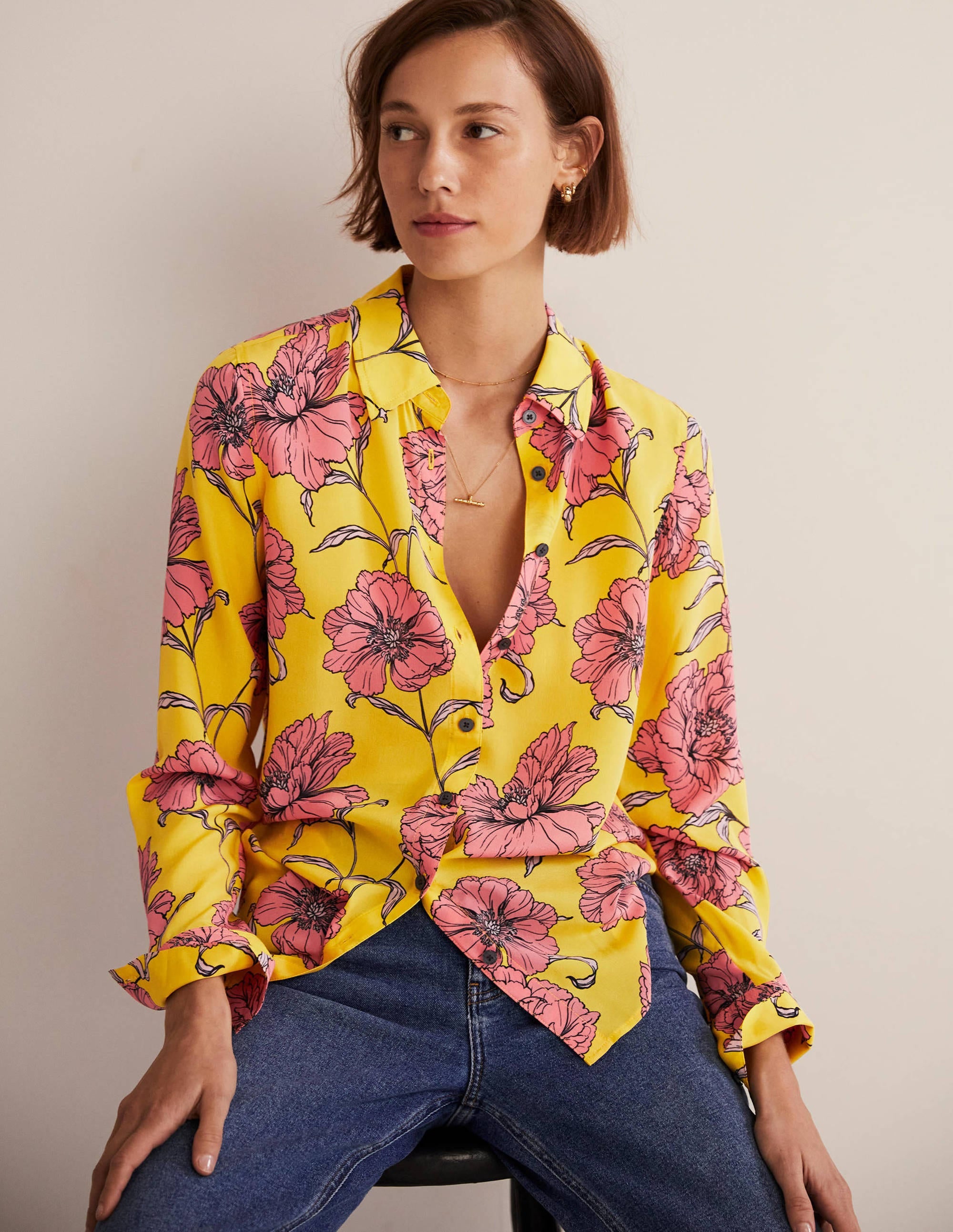Chemise en soie-Citron pétillant, motif Peony Bloom - Image 4