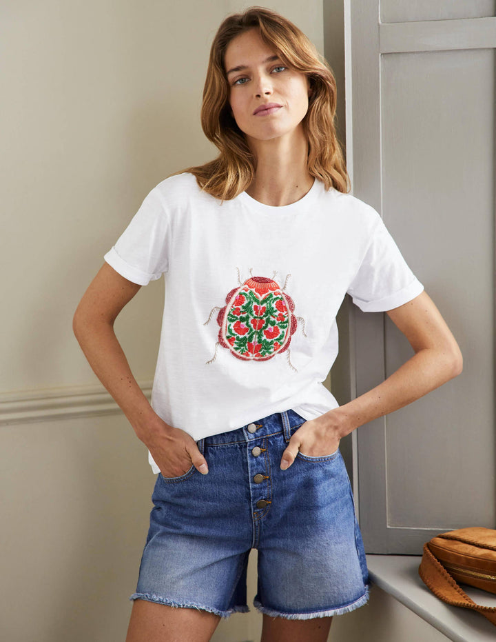 Turn Up Cuff Cotton T-shirt-White, Beetle
