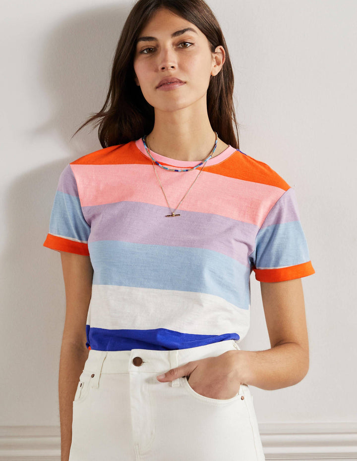 Turn Up Cuff Cotton T-shirt-Atlantic Ocean / Orange Stripe