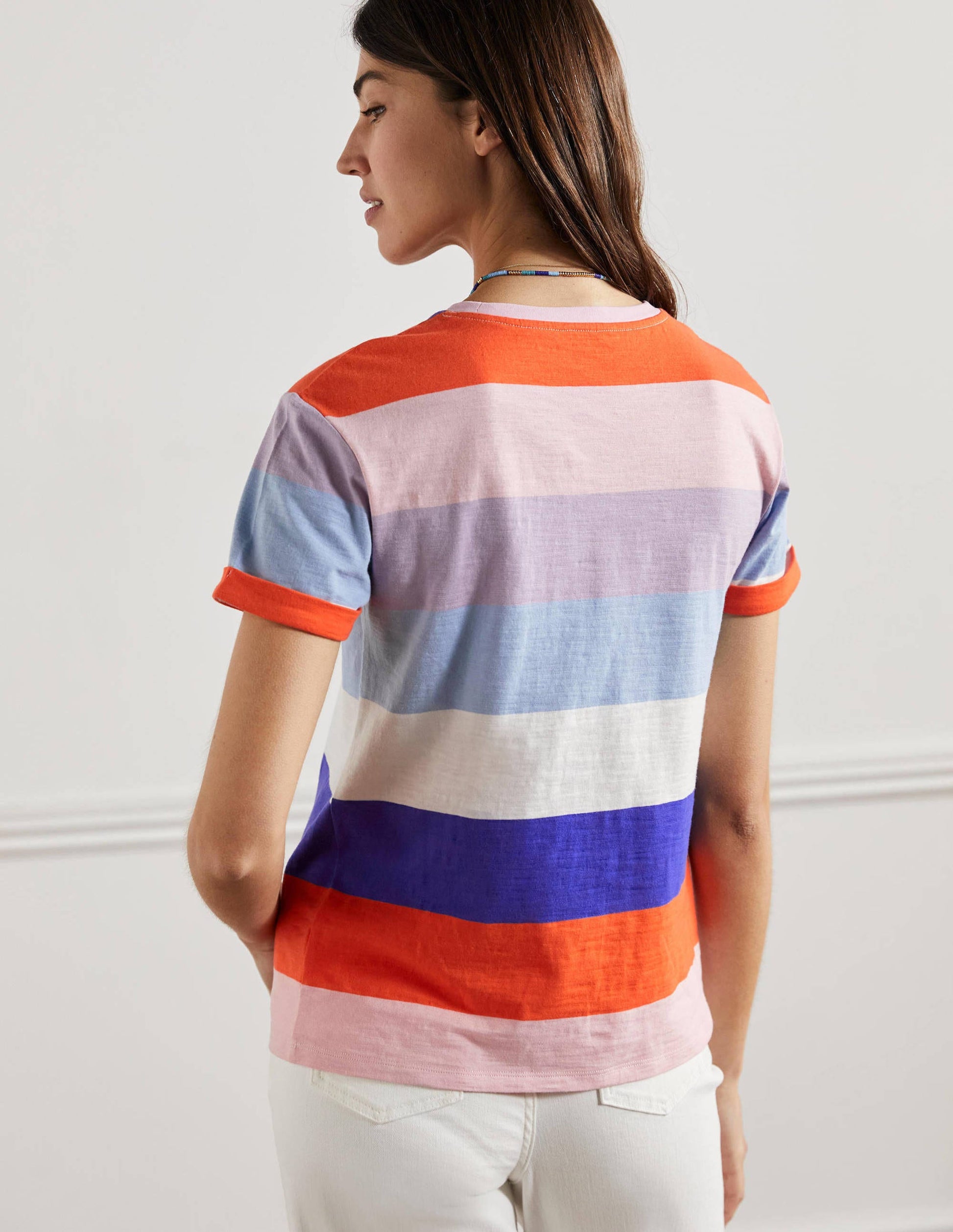 Turn Up Cuff Cotton T-shirt-Atlantic Ocean / Orange Stripe-3