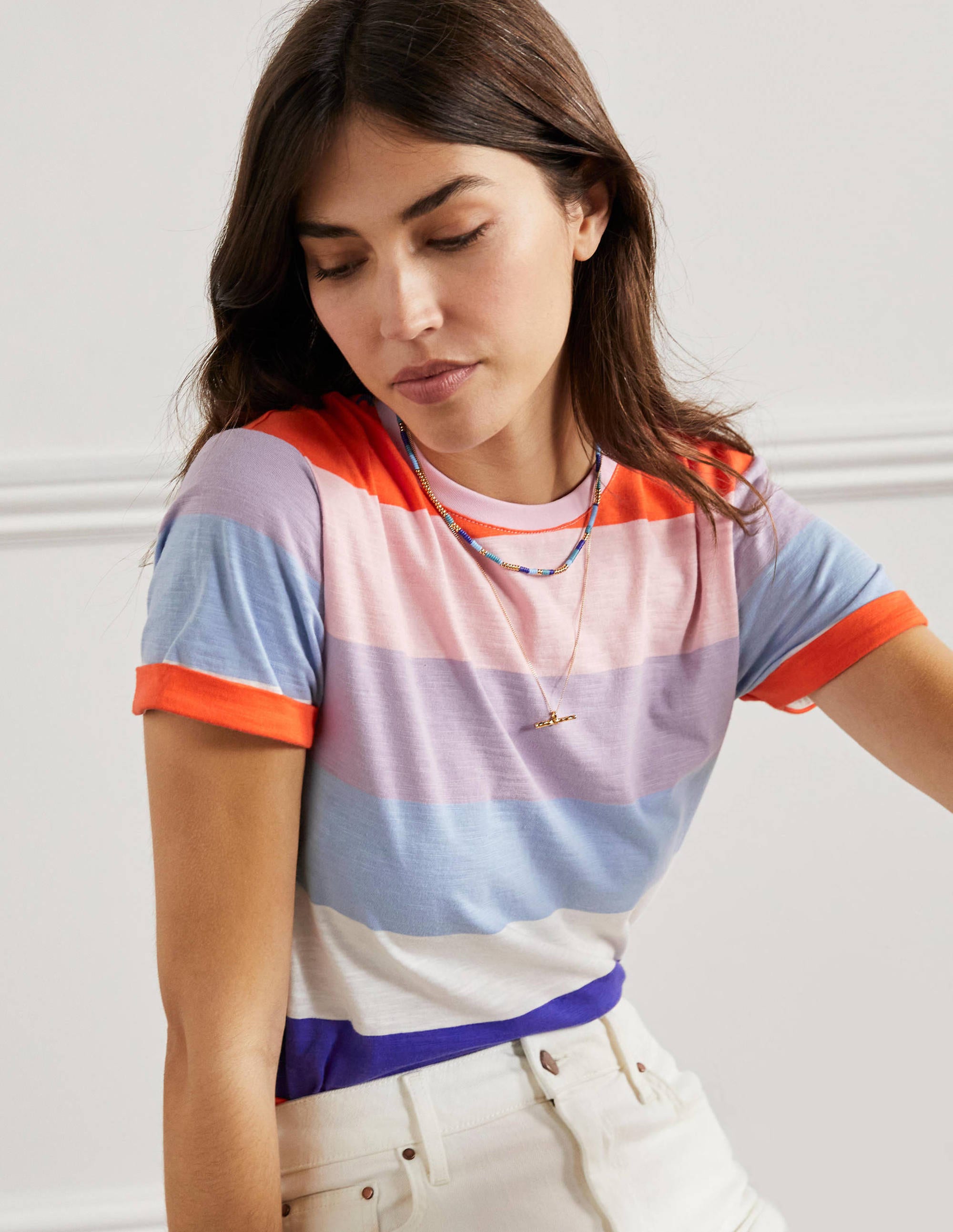 T-shirt avec revers aux manches-Rayé océan Atlantique/orange - Image 4