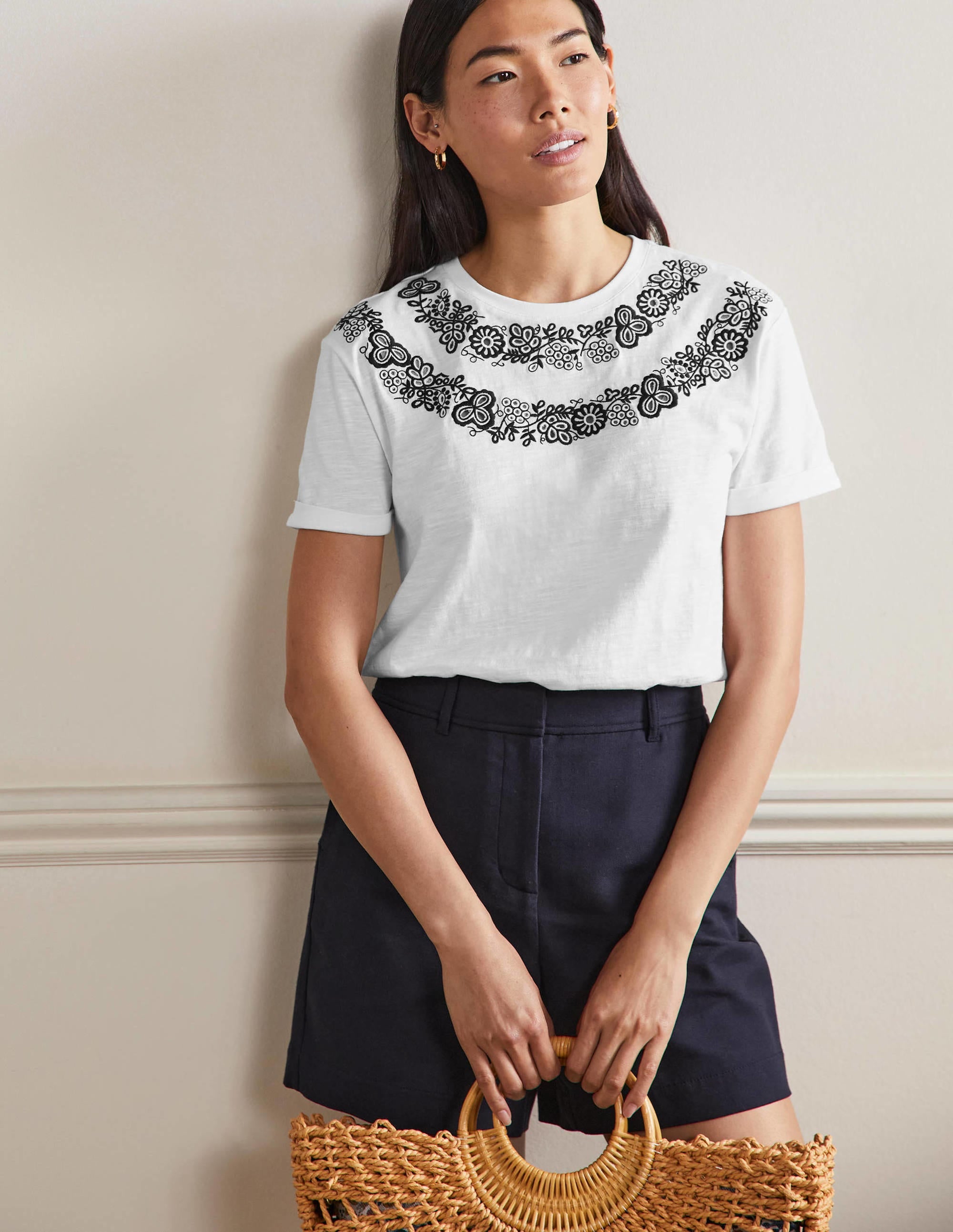 T-shirt avec revers aux manches-Blanc, brodé - Image 5