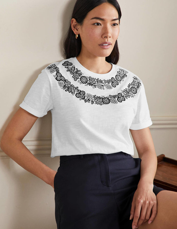 Turn Up Cuff Cotton T-shirt-White, Embroidered
