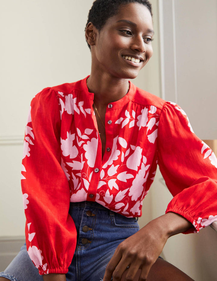 Becky Full Sleeve Linen Blouse-Dragon Red, Wildflower Prairie
