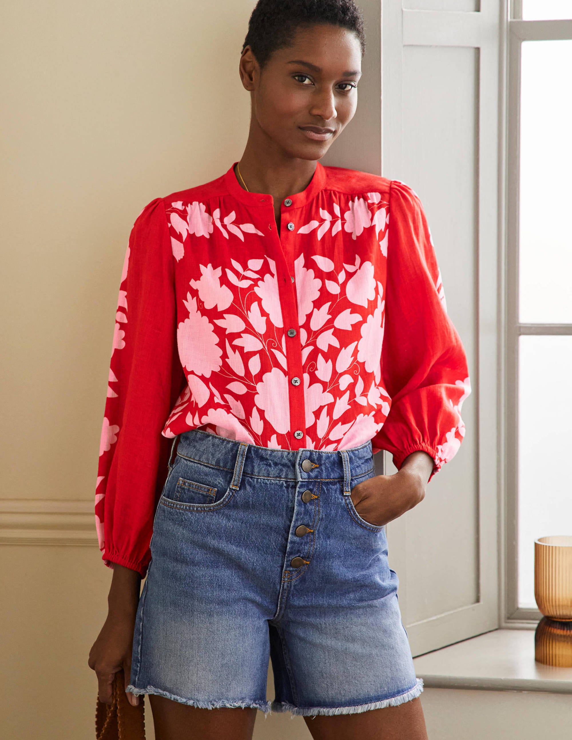 Blouse Becky manches longues en lin-Rouge dragon, motif Wildflower Prairie - Image 4