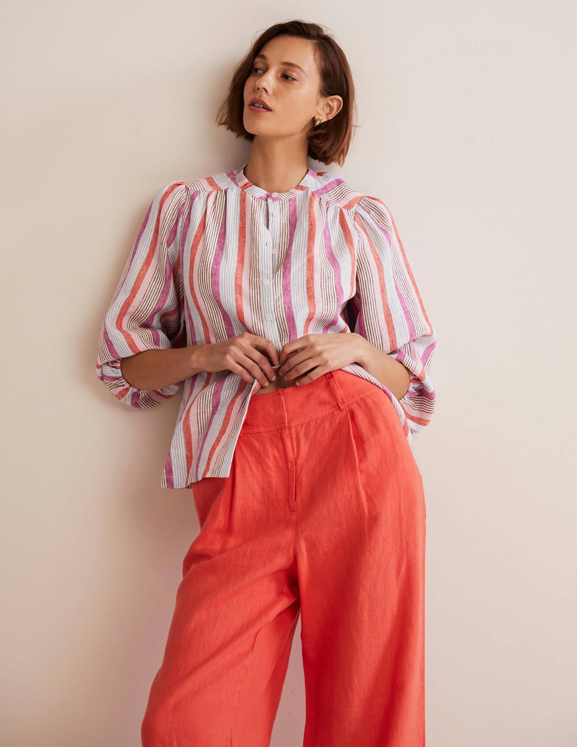Blouse Becky manches longues en lin-Rayé pétard/rose camée - Image 1