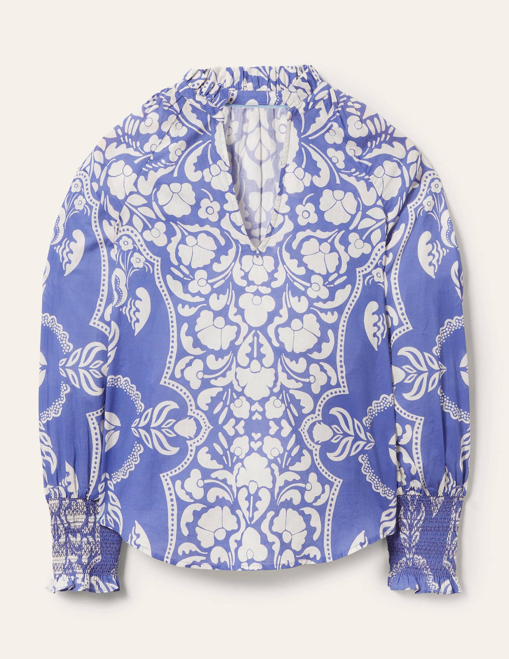 Gemustertes Oberteil mit gesmokten Bündchen-Glockenblumenblau, Blumenmuster-6