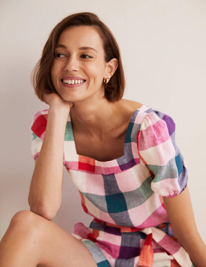 Square Neck Linen Top-Bon Bon/ Pink Flambe Check