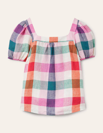Square Neck Linen Top-Bon Bon/ Pink Flambe Check