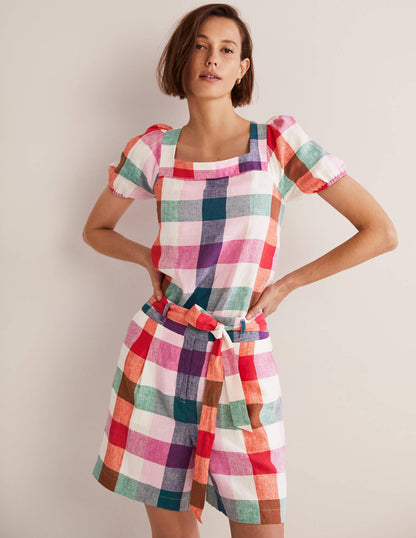 Square Neck Linen Top-Bon Bon/ Pink Flambe Check