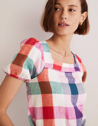 Square Neck Linen Top-Bon Bon/ Pink Flambe Check