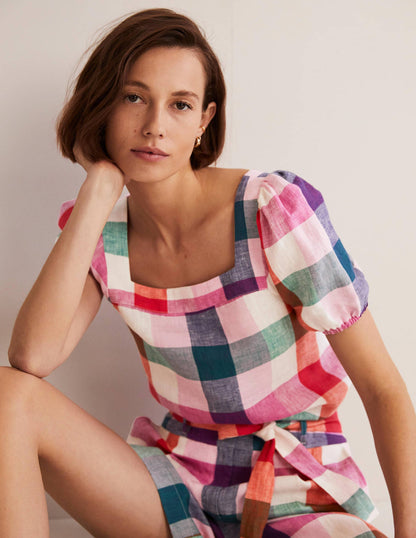 Square Neck Linen Top-Bon Bon/ Pink Flambe Check