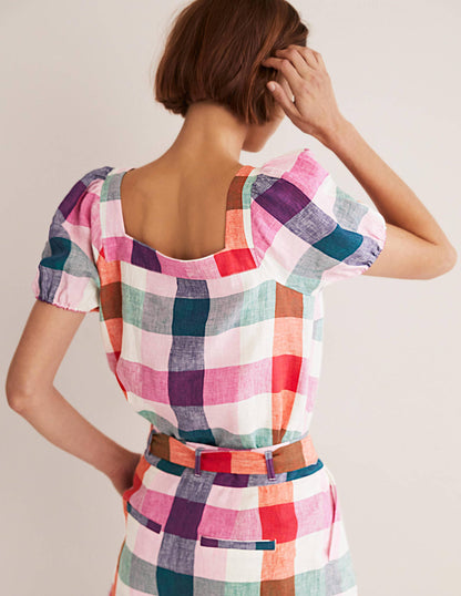 Square Neck Linen Top-Bon Bon/ Pink Flambe Check