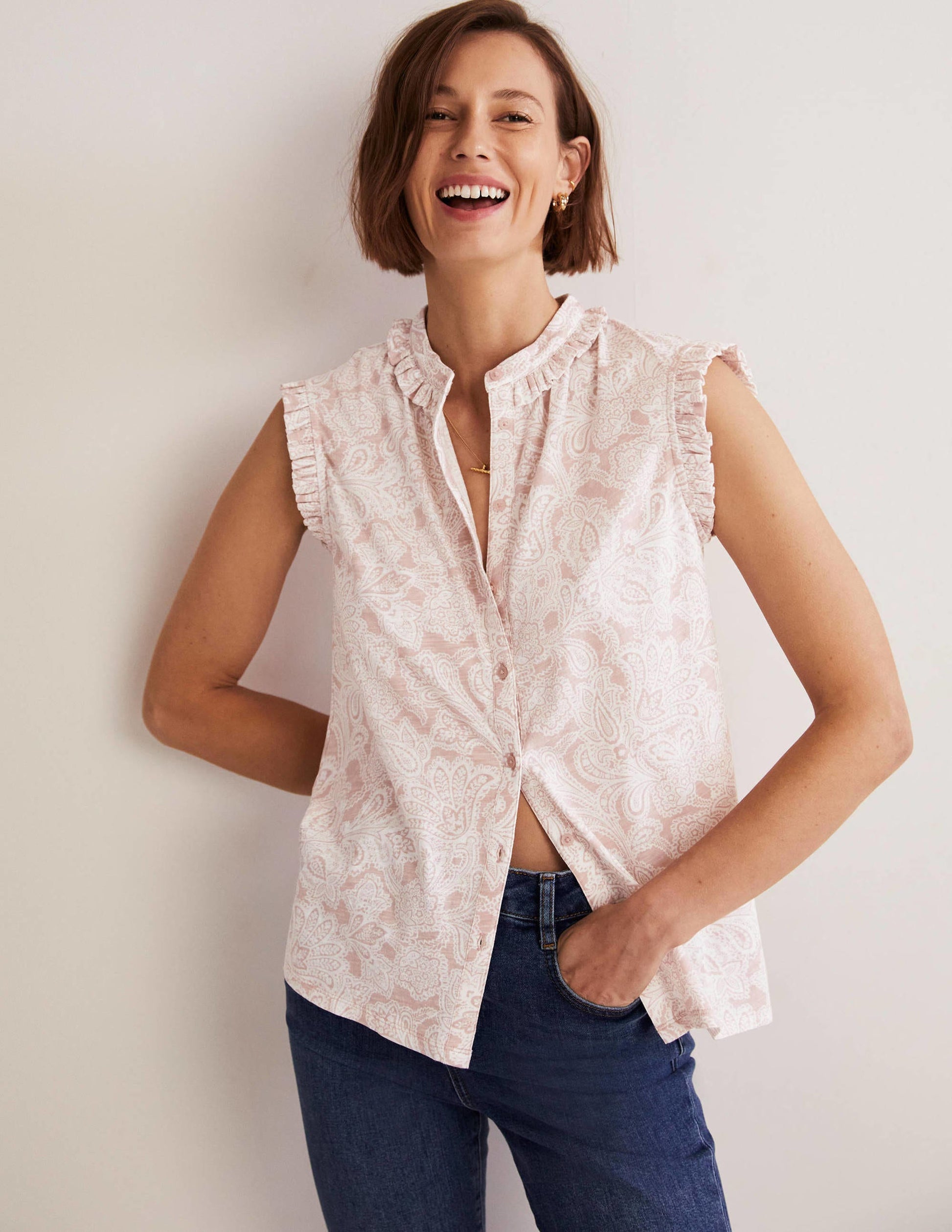 Chemise Daphne sans manches volantée-Milkshake, motif Paisley Bud-1