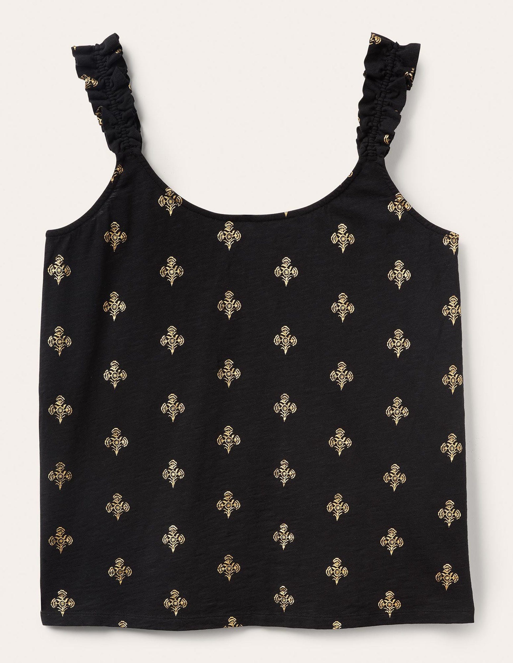 Top en jersey à bretelles volantées-Noir, motif Poppy Bloom métallisé mono-7
