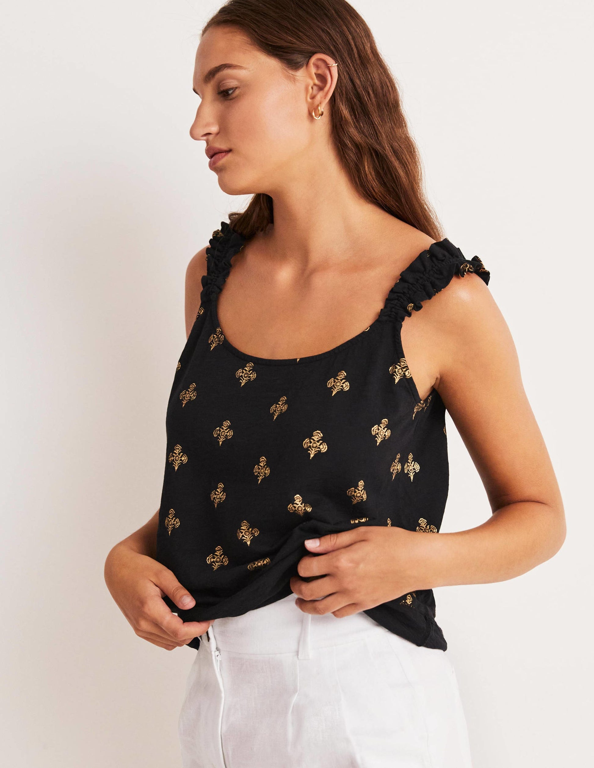 Top en jersey à bretelles volantées-Noir, motif Poppy Bloom métallisé mono-4