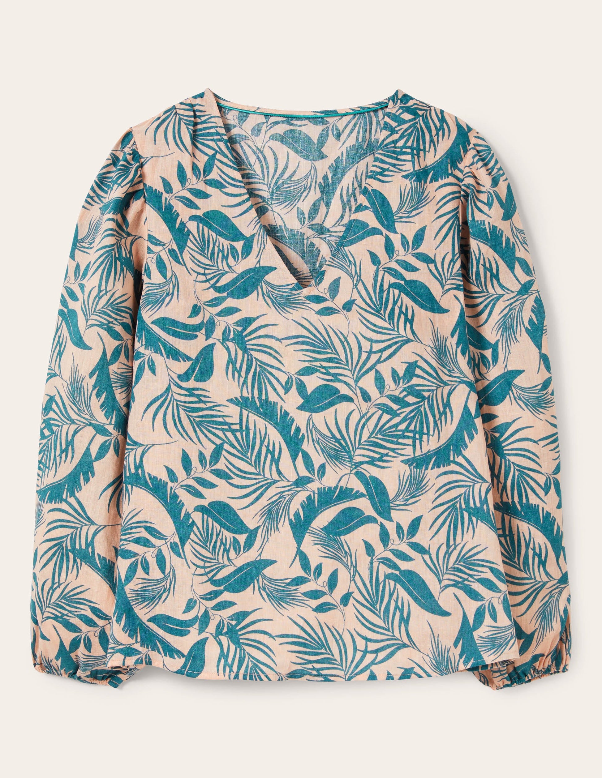 Top col V en lin-Milkshake, feuillage tropical-4
