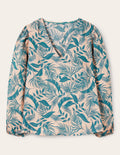 Top col V en lin-Milkshake, feuillage tropical