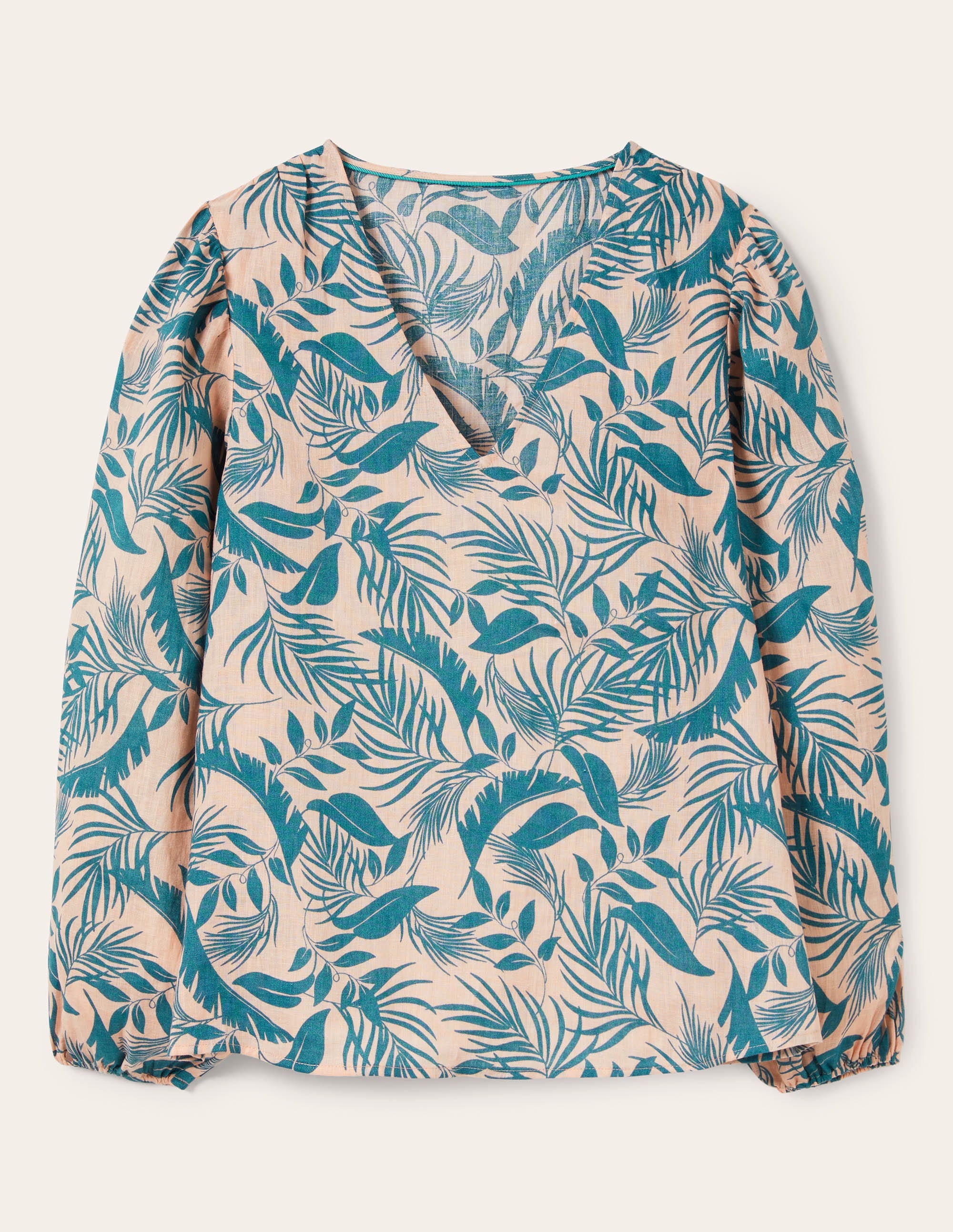 Top col V en lin-Milkshake, feuillage tropical - Image 1