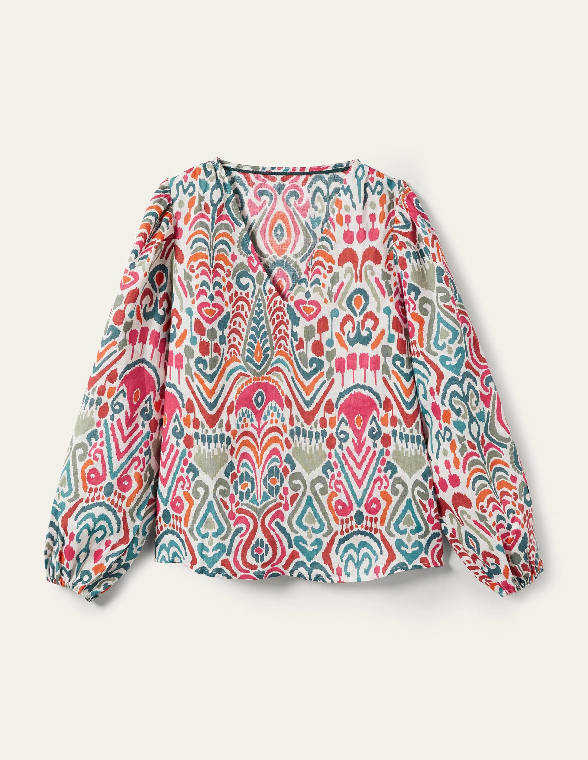 Leinenoberteil mit V-Ausschnitt-Bunt, Ikat-Muster-7
