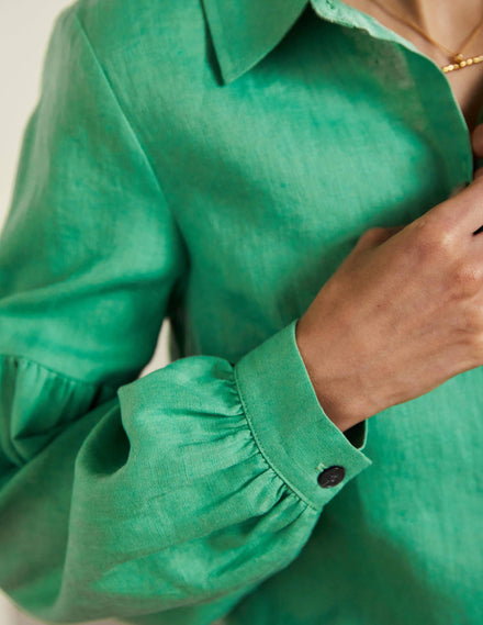 Anna Leinenhemd mit Blousonärmeln-Grüne Lagune