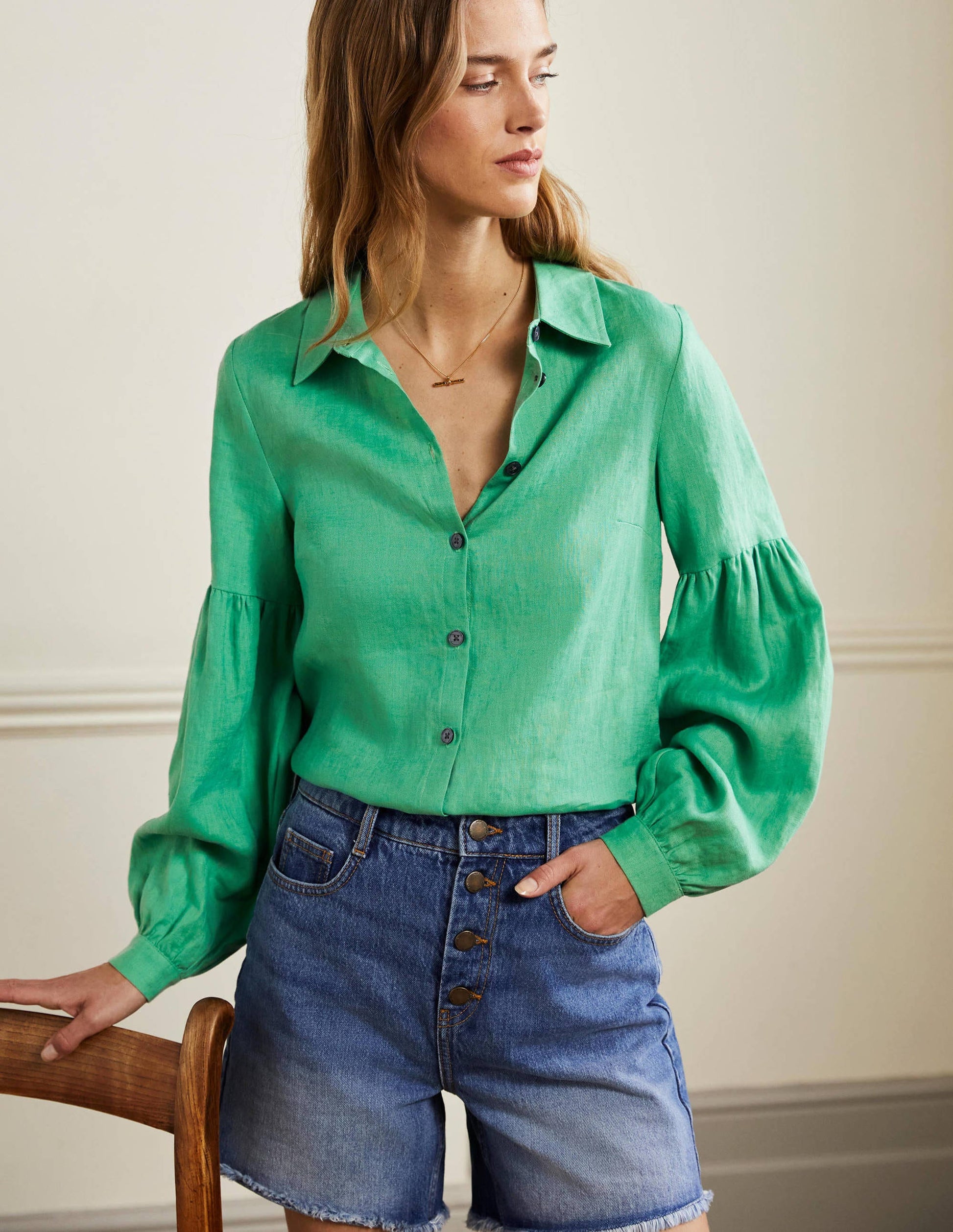 Anna Leinenhemd mit Blousonärmeln-Grüne Lagune-4