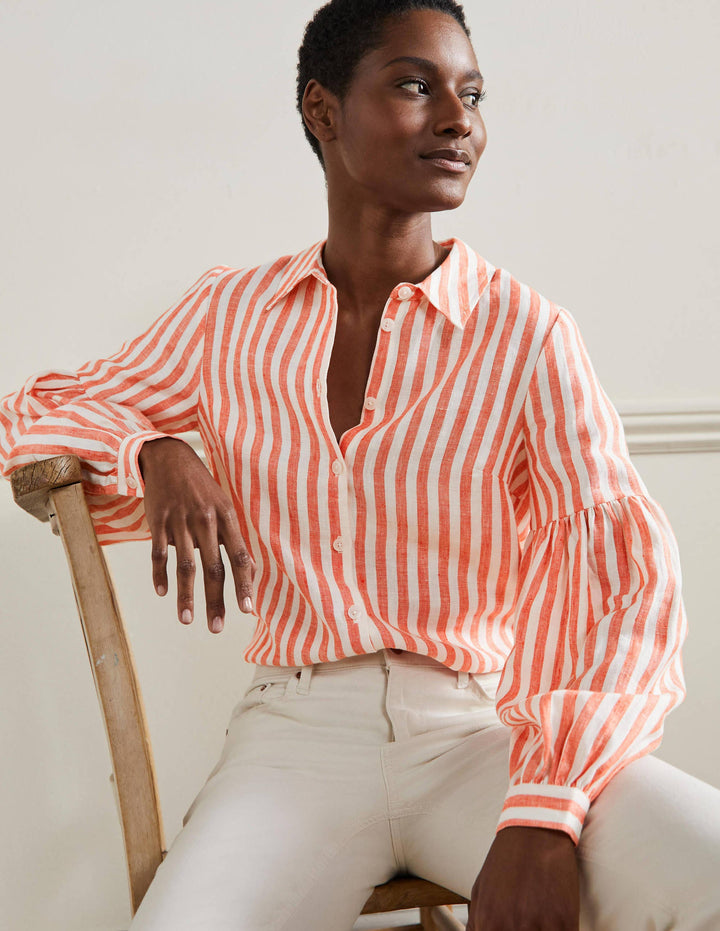 Anna Leinenhemd mit Blousonärmeln-Papayaorange/Naturweiß, Gestreift