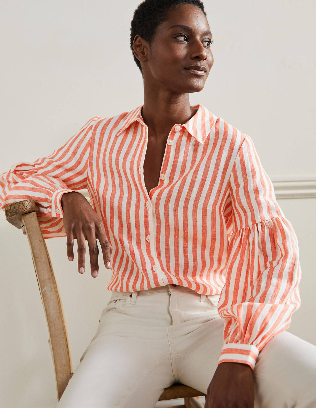 Anna Blouson Linen Shirt-Papaya/Ivory Stripe - Image 1