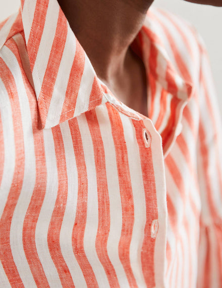 Anna Leinenhemd mit Blousonärmeln-Papayaorange/Naturweiß, Gestreift