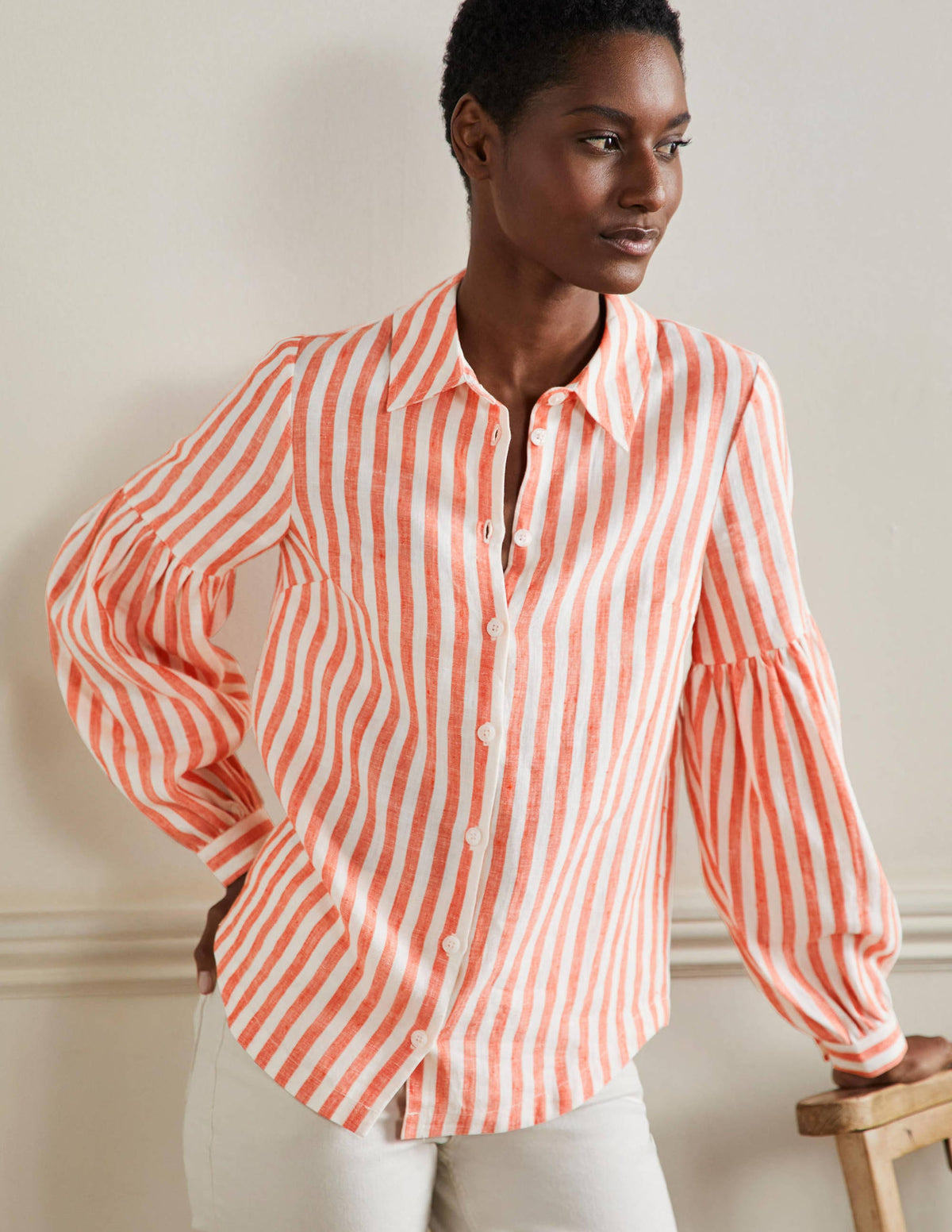 Anna Blouson Linen Shirt-Papaya/Ivory Stripe - Image 4