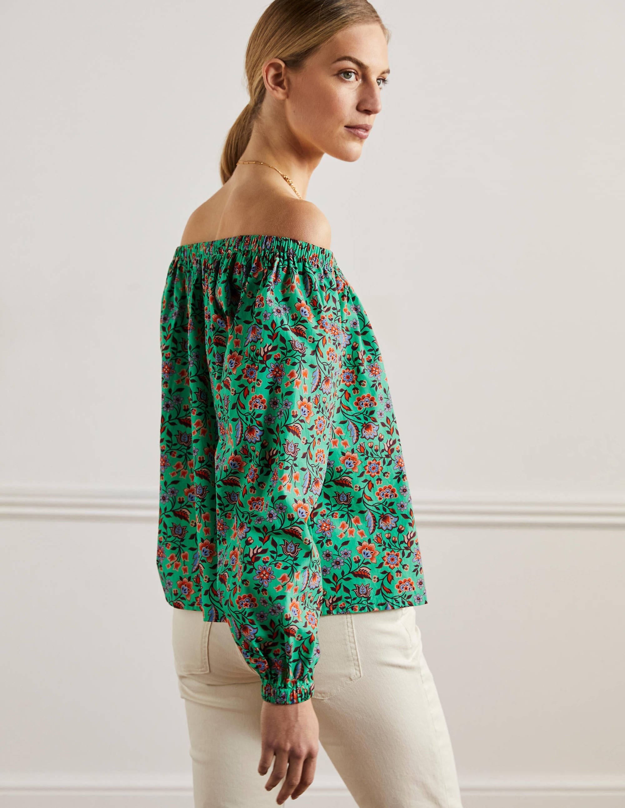 Melanie Off-Shoulder Top-Green Lagoon, Oriental Meadow - Image 3
