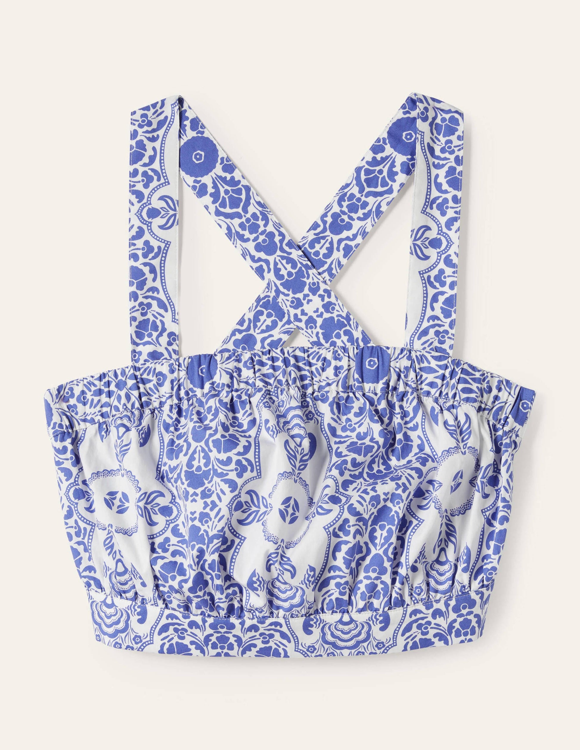 Kurz geschnittenes Baumwolltop-Glockenblumenblau, Blumenmuster-6