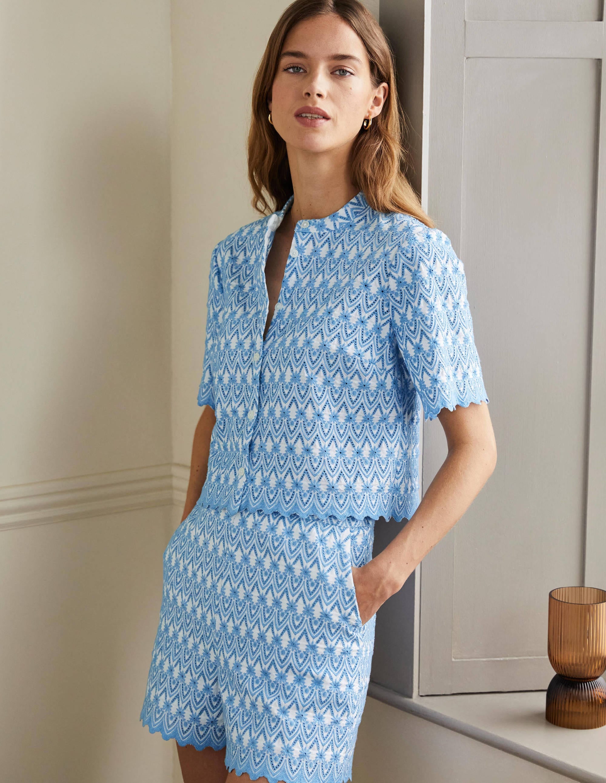 Tamsin Broderie Cotton Top-Dusty Blue - Image 1