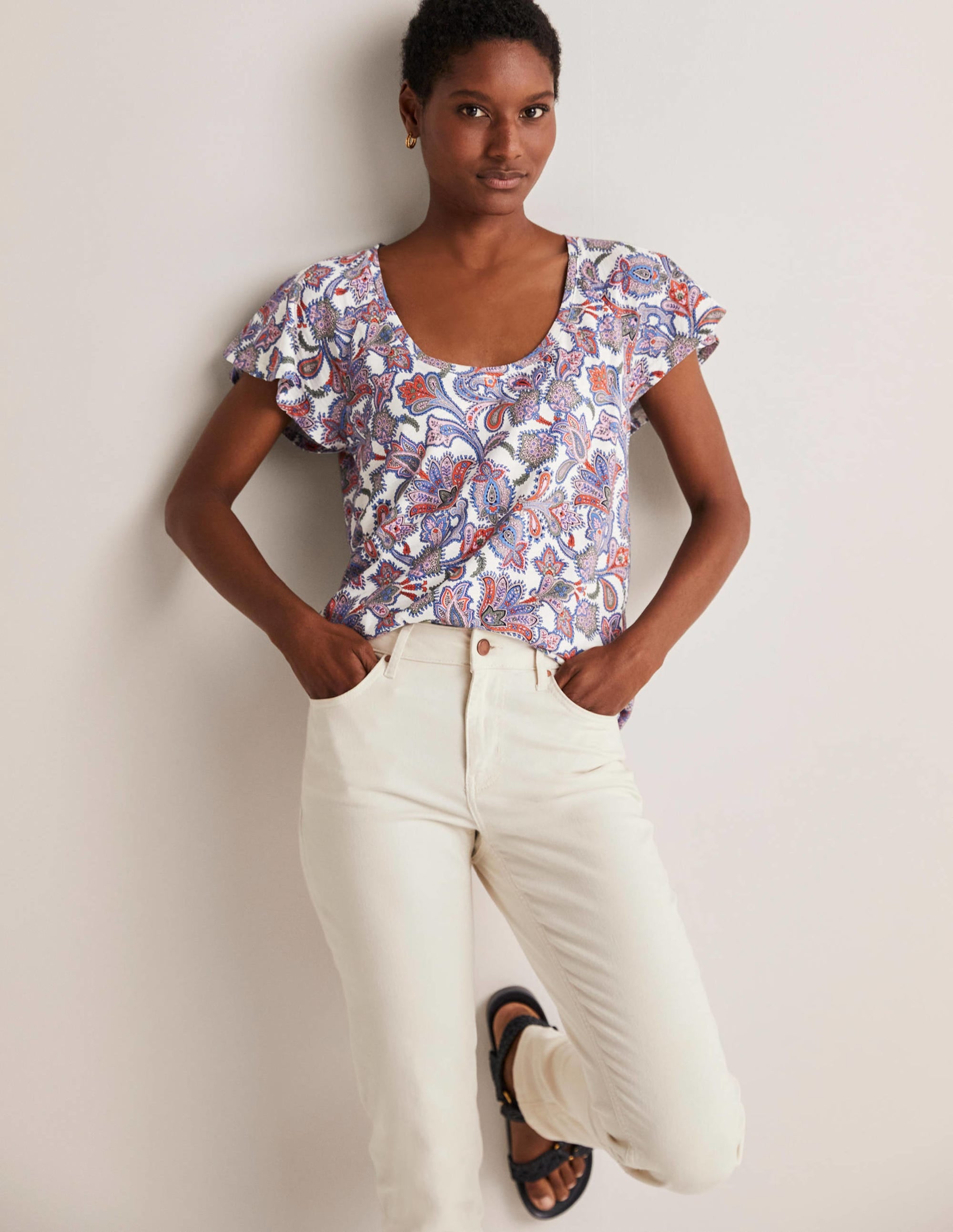 Scoop Flutter Sleeve T-Shirt-Ivory, Paisley Bud - Image 1