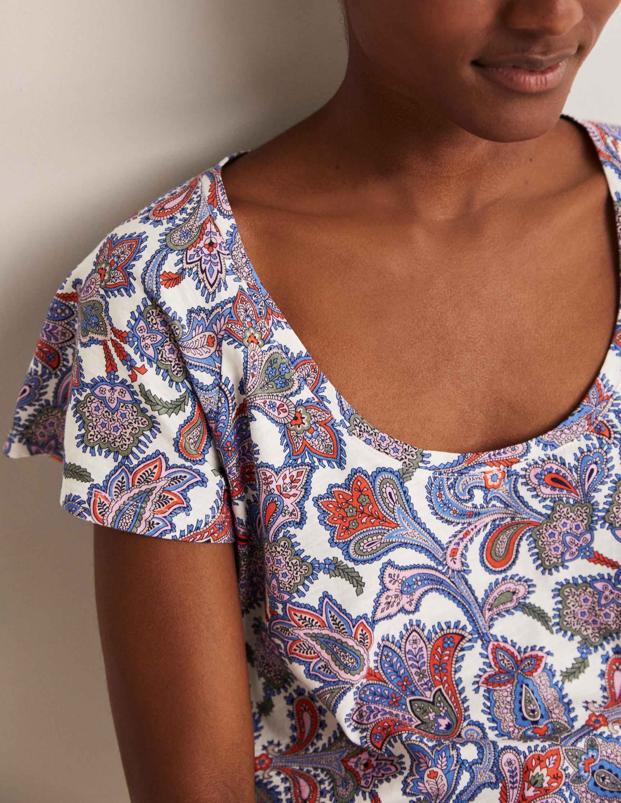 Scoop Flutter Sleeve T-Shirt-Ivory, Paisley Bud - Image 2