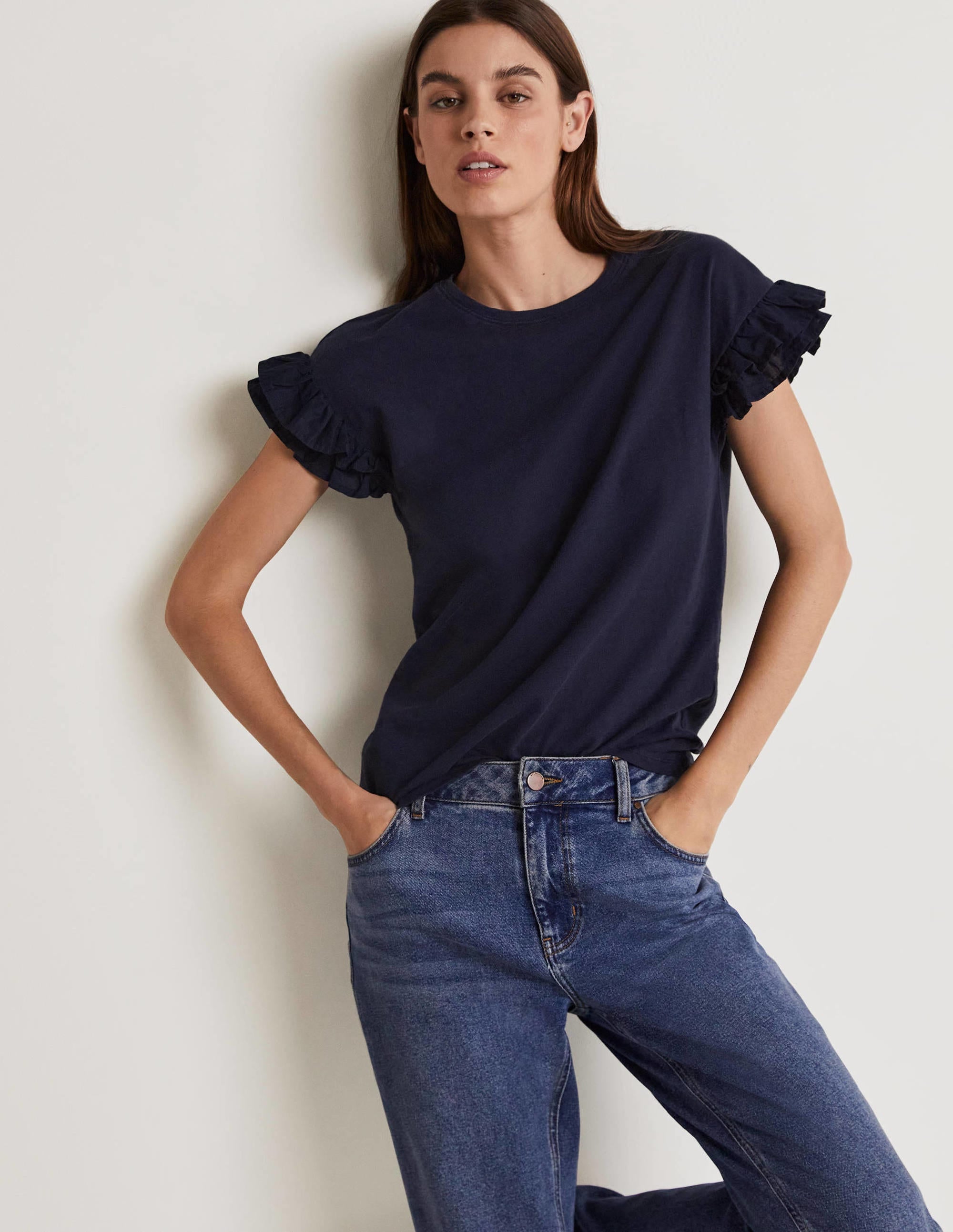 Woven Frill Sleeve T-shirt-Navy - Image 1