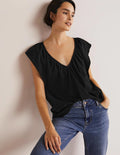 Flutter Sleeve V-neck T-shirt-Black