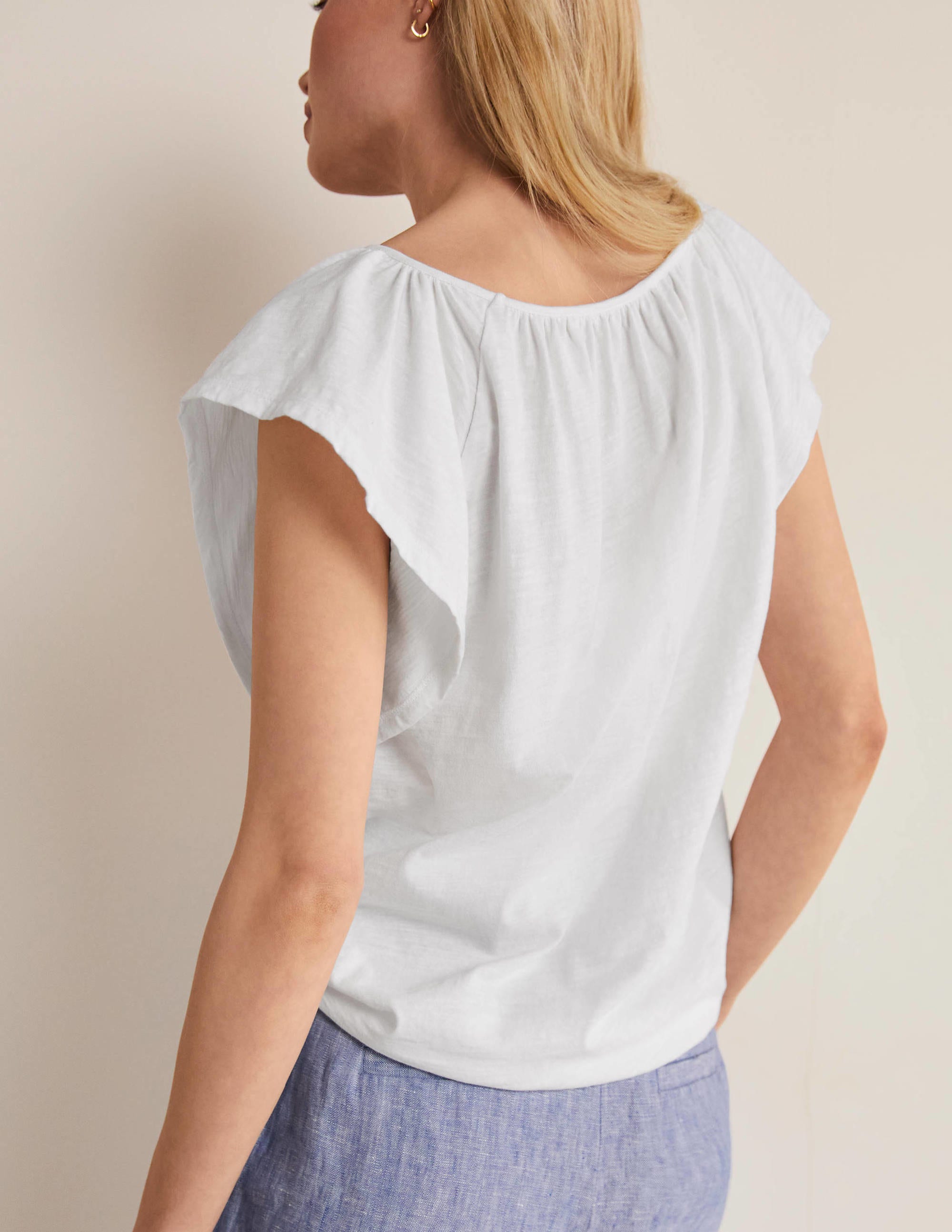 T-shirt col V à manches volantées-Blanc - Image 3