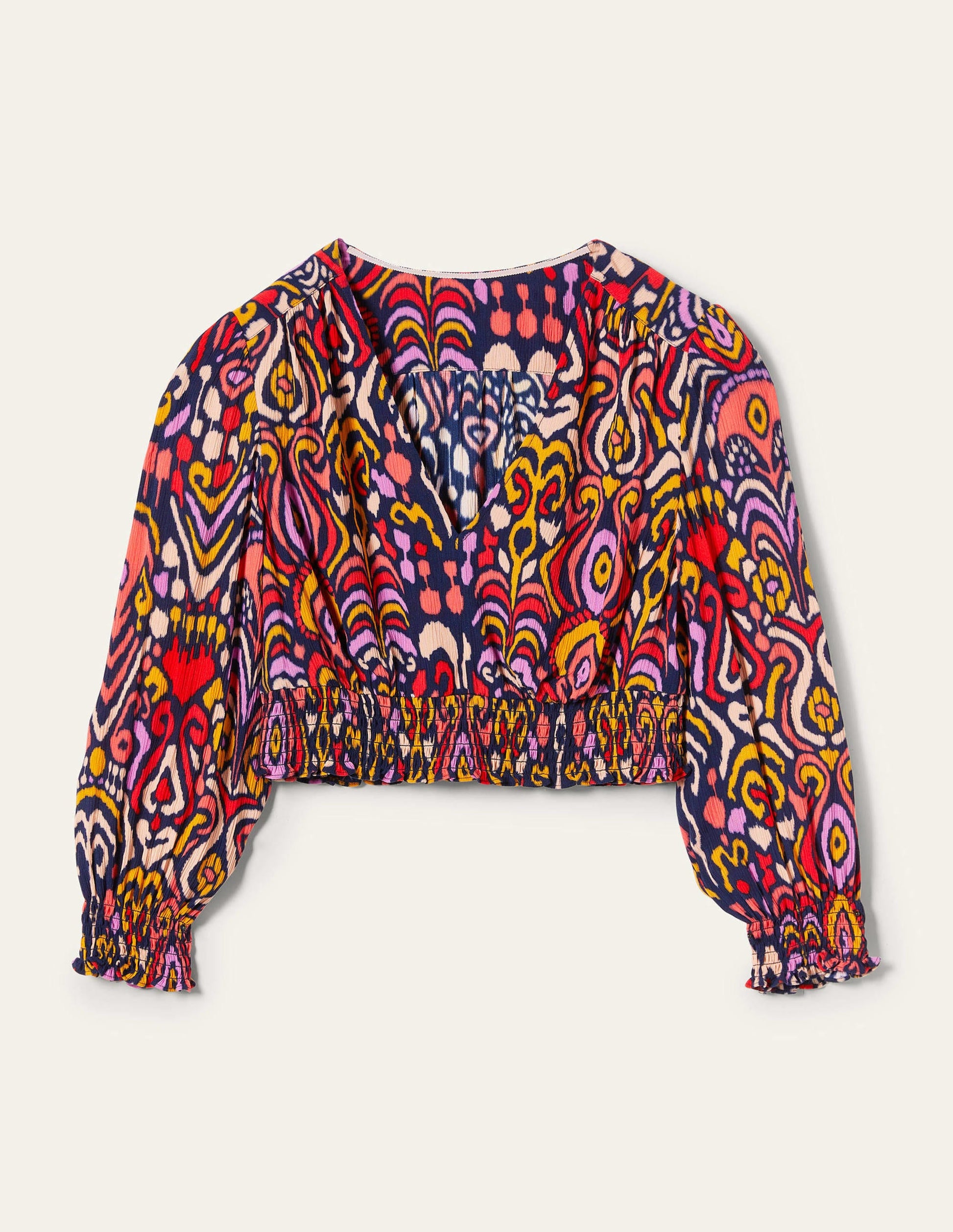 Top Grace avec taille smockée coordonné-Bleu marine, motif Ikat Charm-6