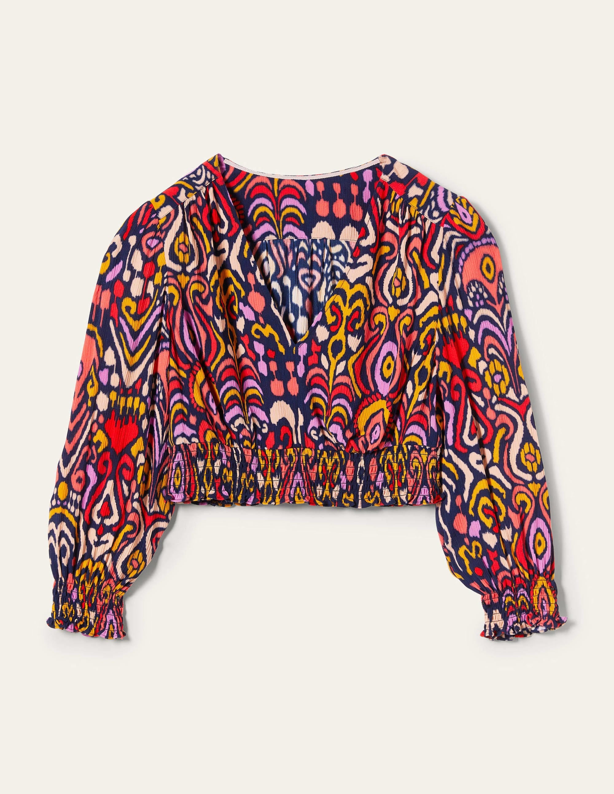 Top Grace avec taille smockée coordonné-Bleu marine, motif Ikat Charm - Image 6