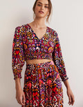 Top Grace avec taille smockée coordonné-Bleu marine, motif Ikat Charm