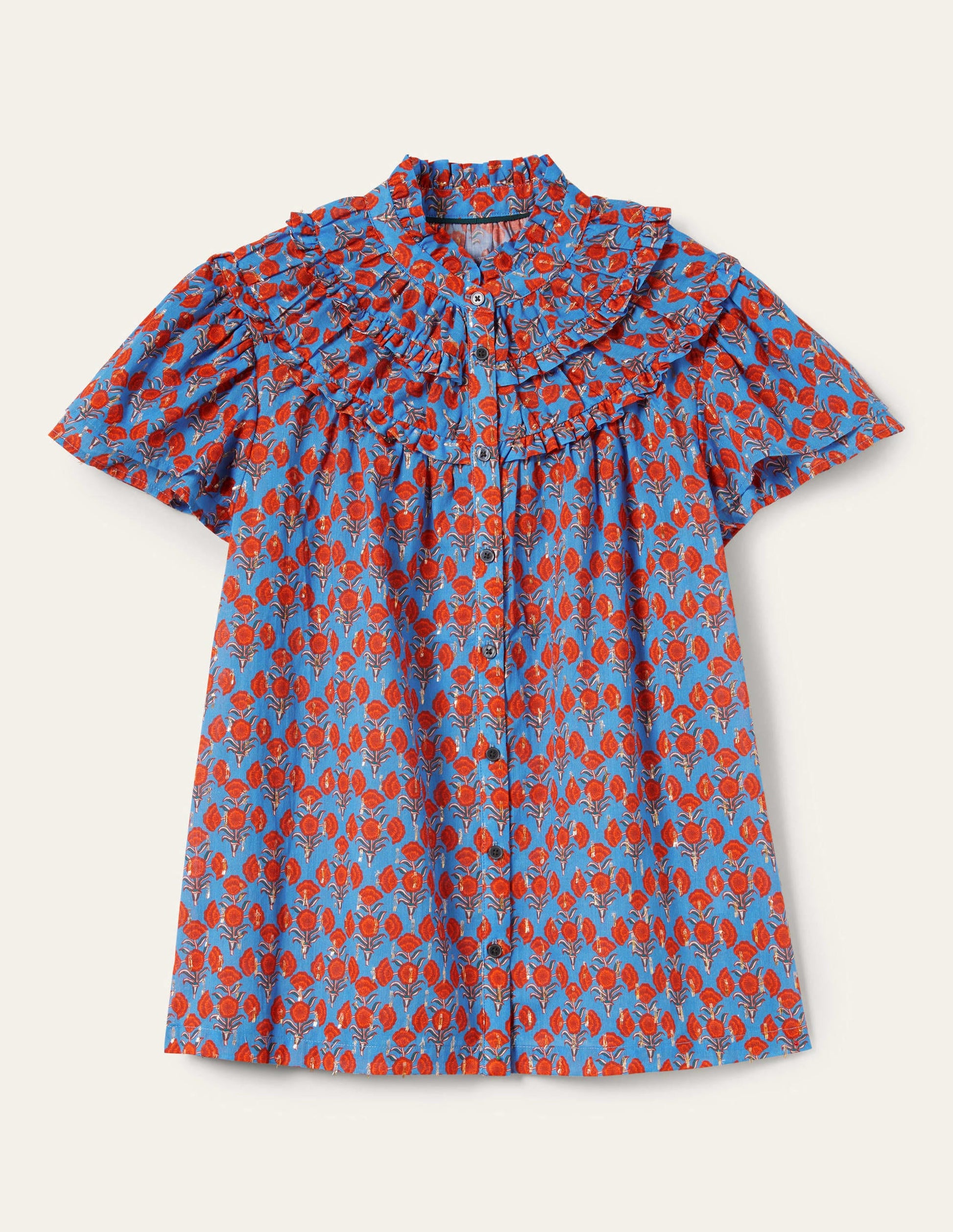 Blouse froncée à manches volantées-Bleu mosaïque, motif Poppy Geo-5